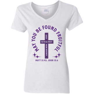 "Fruitful" Purple Text Ladies’ 5.3 oz. V-Neck T-Shirt