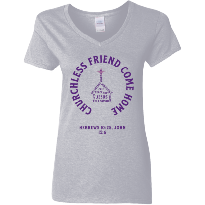 "Come Home" Purple Text Ladies’ 5.3 oz. V-Neck T-Shirt - Image 2