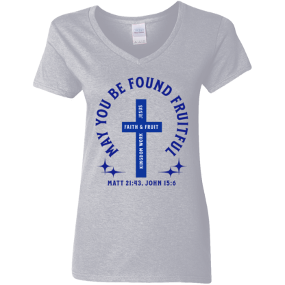 "Fruitful" Blue Text Ladies’ 5.3 oz. V-Neck T-Shirt - Image 2