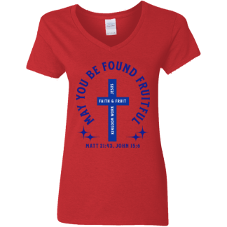 "Fruitful" Blue Text Ladies’ 5.3 oz. V-Neck T-Shirt