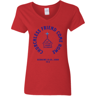 "Come Home" Blue Text Ladies’ 5.3 oz. V-Neck T-Shirt