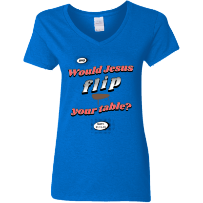 WJFYT Red Text Ladies 5.3 oz. V-Neck T-Shirt - 3 shirt colors - Image 2