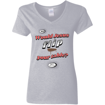 WJFYT Red Text Ladies 5.3 oz. V-Neck T-Shirt - 3 shirt colors - Image 3