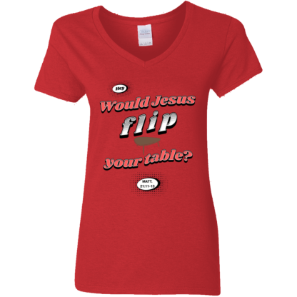 WJFYT Red Text Ladies 5.3 oz. V-Neck T-Shirt - 3 shirt colors