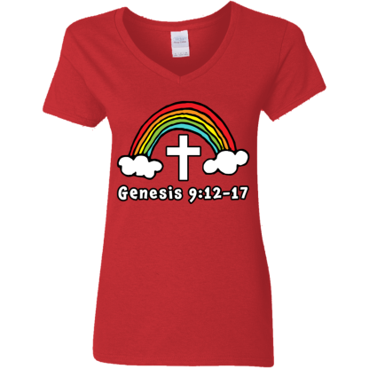 ‘Genesis Rainbow’ Ladies’ 5.3 oz. V-Neck T-Shirt - Image 3