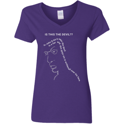 Is This the Devil?? Ladies 5.3 oz. V-Neck T-Shirt - 7 shirt colors - Image 4